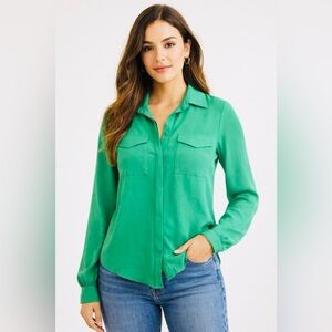 Trina Turk Bright Green Button-Front Pocket Blouse